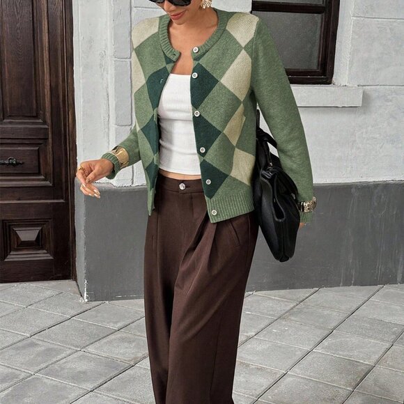 Multicolor Casual Women's Plaid Knitted Cardigan - Picture 4 of 6